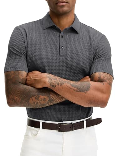 JEMLDL Men's Jacquard Collared Short Sleeve Polo Shirts Breathable Summer Breeze Golf Polo Shirts Dark Gray XL - Image 1