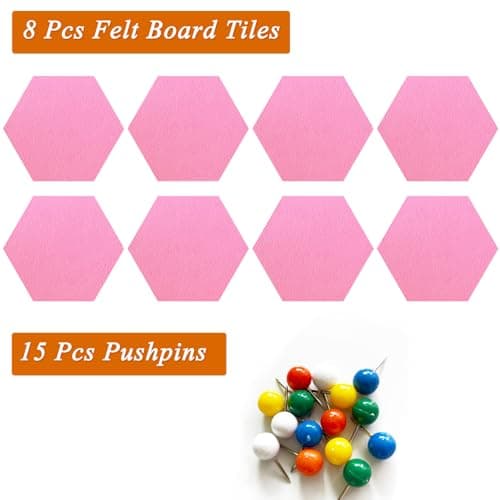 HULAVO 8 Pcs Hexagon Felt Cork Bulletin Board Tiles, Self Adhesive DIY Bulletin Board Pin Board for Office School Home Wall Decor Memos Photos Display(Bright Pink) - Thumbnail 4