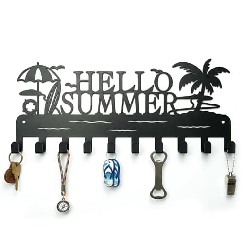 Metal Key Holder Wall Mount, Coastal Tropical Key Rack Hooks, Hello Summer Beach Wall Art Organizer for Entryway, Kitchen, Hallway, Garage, Farmhouse Home Decor & Housewarming Gift (Hello Summer) - Image 1