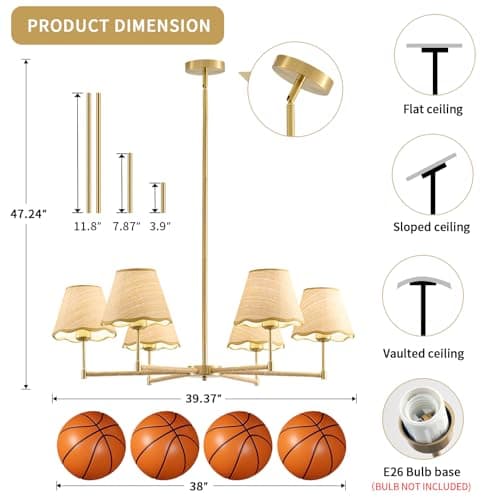 PENACINY 39”Inch Boho Rattan Chandelier 6-Lights Rustic Industrial, Adjustable Hand-Woven Pendant Lighting Fixtures for Dining Room, Bedroom,Living Room, UL Listed, E26Base - Thumbnail 5