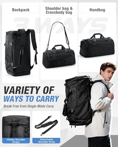 Gym Duffle Bag for Men Women 3 in 1 Waterproof Sports Travel Carry On Duffel Bag Backpack with Shoe Compartment & Wet Pocket for Traveling Workout Weekender Overnight - Thumbnail 4