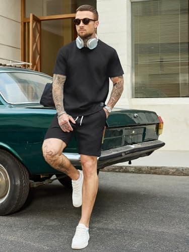 JEMLDL Mens 2 Piece Shorts Set Summer Jacquard Knit T-Shirt and Shorts Outfits Lounge Wear Casual Clothing with Pockets Black L - Thumbnail 5