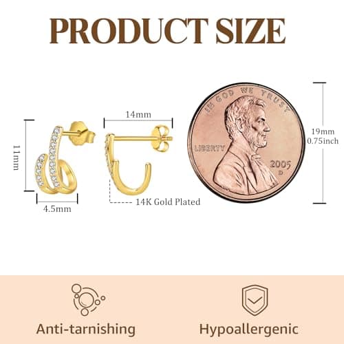 Huggie Earrings for Women, Small Double Hoop Earrings with Cubic Zirconia, Solid 925 Sterling Silver, Hypoallergenic, Jewelry Gift for Her - Thumbnail 2