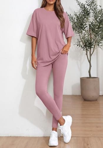 BTFBM Two Piece Lounge Set Women 2026 Spring Casual Oversized Shirts Leggings Matching Workout Airport Travel Outfits(Pink, XX-Large) - Thumbnail 2