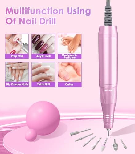 Portable Nail Drill Electric File: Professional Nail E File Machine 40000RPM Rechargeable Cordless Pink Diamond Nail Drill with Bits & Base for for Acrylic Nails Remove Gel Polish Manicure, Salon Home - Thumbnail 6