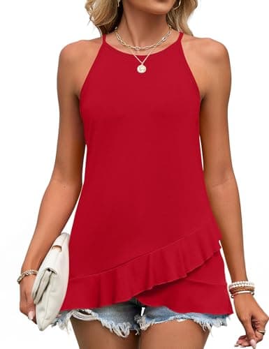 JUSTFASHIONNOW Womens Halter Tank Top Dressy Casual High Neck Tank Camisole Tops Flowy Ruffle Hem Sleeveless Summer Blouses Beach Vacation Clothes (Red,XX-Large) - Thumbnail 3