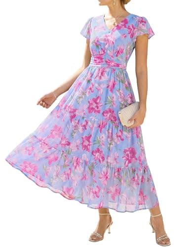 GRACE KARIN Women Summer Dress,Maxi Floral Dresses,Wedding Guest Flowy Dress 2026 Sky Blue with Pink Flowers XL - Image 1