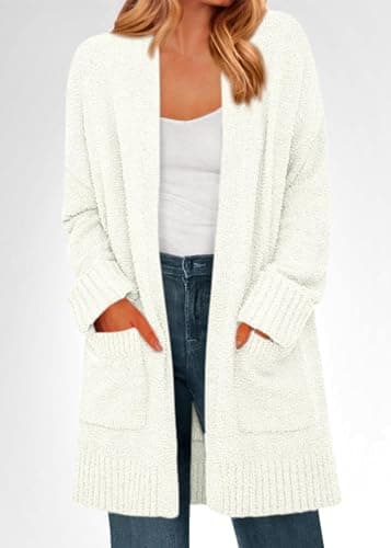 KIRUNDO Cardigan Sweaters for Women 2026 Fall Chunky Fuzzy Knit Open Front Loose Long Sleeve Sweater Coats Winter Clothing(White, Large) - Thumbnail 4