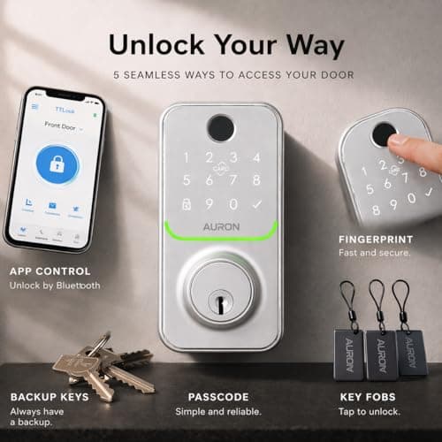 Smart Deadbolt Lock – 5-in-1 Keyless Entry: Fingerprint, Keypad, App, Card & Key | IP65 Weatherproof | Auto-Lock | Fits Standard Doors 1-3/8"-1-3/4" | No Wiring (Silver) - Thumbnail 2