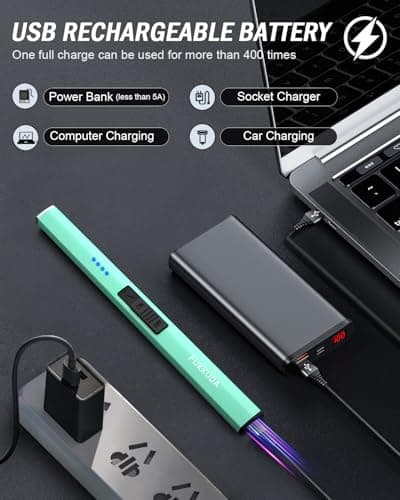 FUKKUDA Electric Candle Lighter with Safety Switch - USB Rechargeable Windproof & Flameless Plasma Arc Lighter for Easter Basket Stuffers (Tiffany Blue) - Thumbnail 6