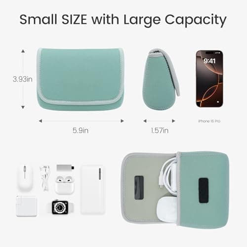 LENTION Mint Green Neoprene Tech Pouch, Portable Travel Organizer for MacBook Power Adapter, Power Bank, Charger, Cable & Small Electronics - Thumbnail 2