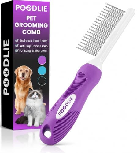 Poodle Pet Detangling Pet Comb with Long & Short Stainless Steel Teeth for Removing Matted Fur, Knots & Tangles – Detangler Tool Accessories for Safe & Gentle DIY Dog & Cat Grooming