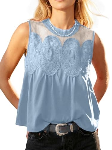 Funlingo Women Lace-Detail Flared Blouse Crew Neck Lace Poplin Mesh Swing Tank Tops Sleeveless Babydoll Shirt Elegant Summer Outfits Light Blue 2XL - Image 1