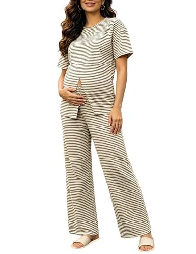 Joyfunear Women's Maternity Postpartum Lounge 2 Piece Set Top And Pants Pajama Nursing Breastfeeding Loungewear With Pockets Apricot White Medium - Image 1