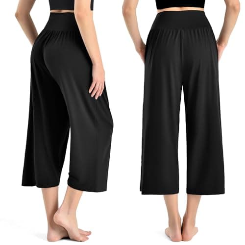 Ipletix Capri Pants for Women High Waisted Casual Wide Leg Yoga Pants with Pockets for Travel Gym Exercise 23" Inseam Black L - Thumbnail 2