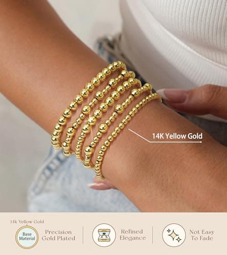 adoyi Gold Bracelets for Women Beaded Bracelet 14K Gold Plated Bracelet Stack Strand Stretch Bead Ball Bracelet Set Stackable Bracelet Adjustable Bracelet Set Jewelry for Gifts 7.25 inches - Thumbnail 5