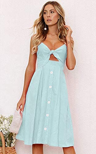 ECOWISH Women Summer Dresses Tie Front V-Neck Spaghetti Strap Button Down A-Line Backless Swing Midi Dress 809 Light Green XL - Thumbnail 3