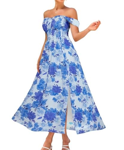 GRACE KARIN Summer Floral Dress for Women 2026,Off the Shoulder Smocked Bridesmaid Dresses,Formal Baby Shower Maxi Dresses Blue Flower XXL - Image 1