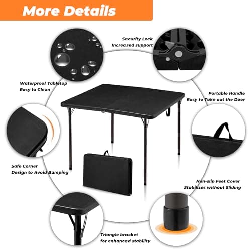 Outspurge 34" Folding Table, Portable Square Camping Card Table with Collapsible Legs & Carrying Handle, Plastic Tables for Outdoor Cooking,Camping,Picnic, Office, Party,Black - Thumbnail 5