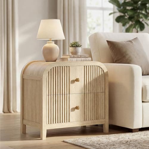ModernMate Set of 2 Modern 2-Drawer Nightstand with Wave-Fluted Front & Curved R-Angle Top, Thickened Wood Bedside Table with Brushed Copper Pulls for Bedroom, Living Room - Thumbnail 4