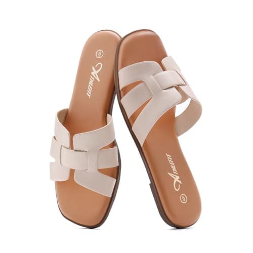 Athlefit Flat Sandals for Women Dressy Summer Square Open Toe Nude Sandals Comfortable Slip On Leather Slides Size 7 - Thumbnail 6