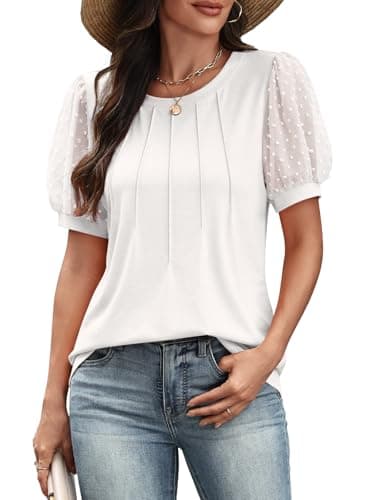 ATHMILE Womens Summer Tops Pleated Crew Neck T Shirts Swiss Dot Puff Sleeve Loose Casual Blouses Trendy Date Outfits White - Image 1