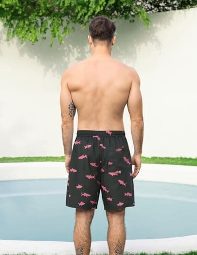 Aprolive Men's Swimsuits Elastic Waist Swimsuit Breathable Running Shorts Funny Beach Swimming Surf(Pink Shark,Large) - Thumbnail 4
