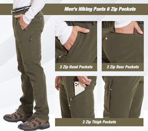 MOURCE Fleece Lined Mens Hiking Pants Zip Pockets, Winter Snow Pants Men Water Resistant, Army Green M - Thumbnail 5