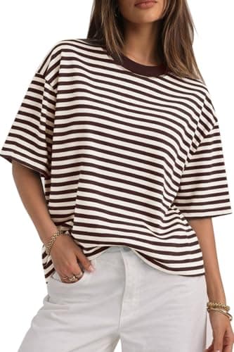CHYRII Womens Oversized Striped T Shirts Short Sleeve Loose Fit Crewneck Summer Casual Y2K 2026 Basic Tee (Coffee M) - Image 1
