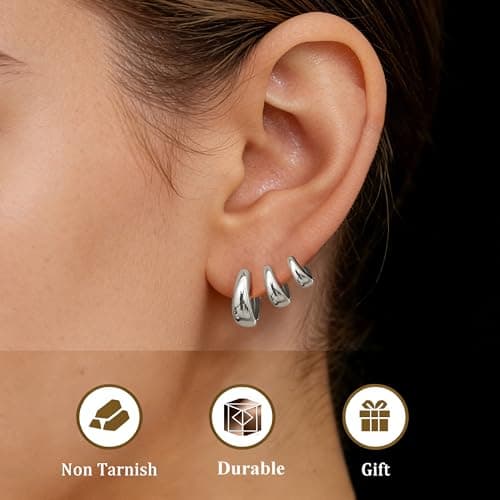 ALLHOLA 6 Pairs 14K Gold Plated Hoop Earrings for Women Hypoallergenic Small Huggie Hoops Earring Set for Sensitive Ears Non Tarnish Trendy Chunky Gold/Silver Earrings Cartilage Stacks for Multiple Piercing Jewelry Lightweight (Silver hoops) - Thumbnail 2