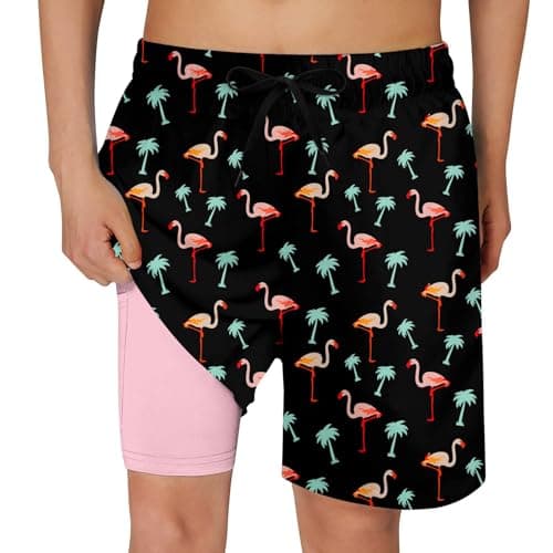 Cozople Boys Swim Trunks Size 8 Summer Quick Dry UPF50+ Beach Swim Shorts Funny Flamingo Beach Surf Shorts Swimsuit with Stretchy Boxer Brief Liner Swimwear for Beachwear Size 7 - Image 1