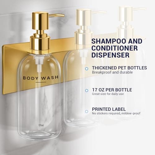 KLL Shampoo and Conditioner Dispenser - 3 Soap Dispenser Bathroom Wall Mount No Drill, Soap Holder, Hook - Refillable Shower Dispenser Pump Bottle for Bathroom Shower Accessories (Transparent) - Thumbnail 3