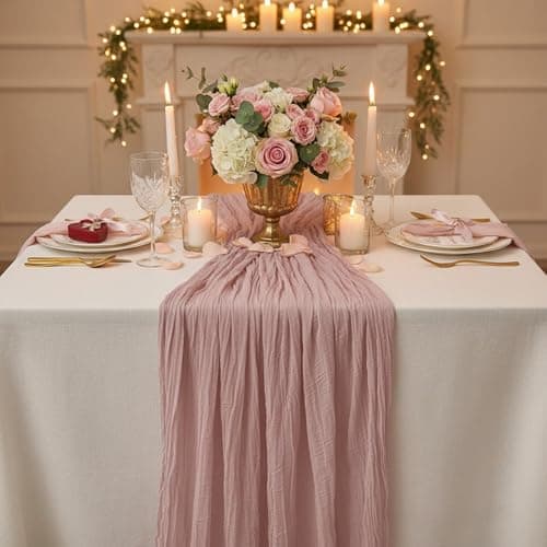 QPOR Pink Table Runner Cheesecloth Boho Rustic Gauze 120 inch 10FT Cheese Cloth Runner for Wedding Baby Shower Bridal Shower Garden Party Sheer Birthday Home Decor Holiday Decorations - Thumbnail 4