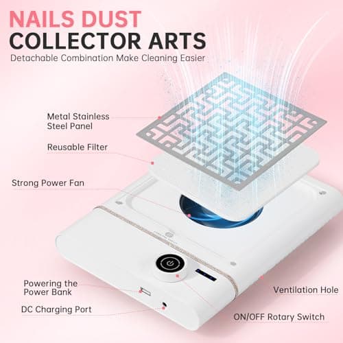 CHRISTINE SHELLY Nail Dust Collector, Bling Diamond Cordless Rechargeable 5000RPM Vacuum Nail Tech Fan Extractor, Professional Nail Duster Suction, Low Noise, Salon&Home - Thumbnail 3