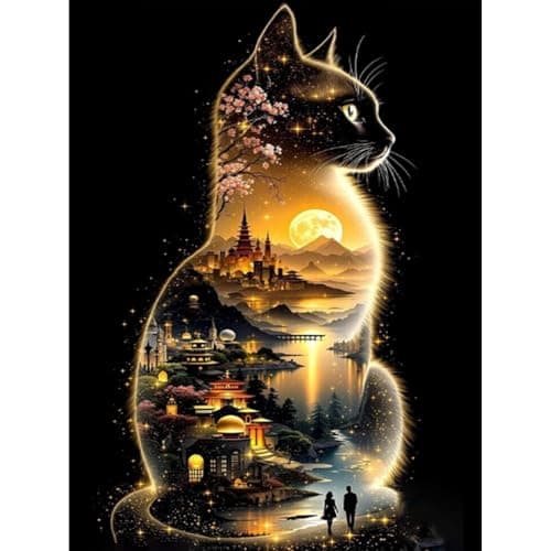 Lophomie Cat Diamond Art Kits for Adults, 5D DIY Cat Landscape Diamond Painting for Adults Beginners, Diamond Dots Kits Gem Arts Crafts for Home Wall Decor 12x16 Inch