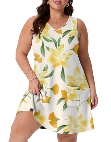 OLRIK Plus Size White Dresses for Curvy Women Yellow Floral Lily Print Summer Fresh Sleeveless V Neck Sun Dress with Pockets Tropical Holiday FP-Yellow Lily Ginkgo-2X - Image 1