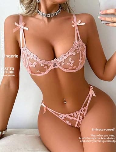Avidlove Sexy Lingerie for Women Underwire Lingerie Set Cute Push Up Embroidered Bra and Panty Set Orange Pink XL - Thumbnail 3