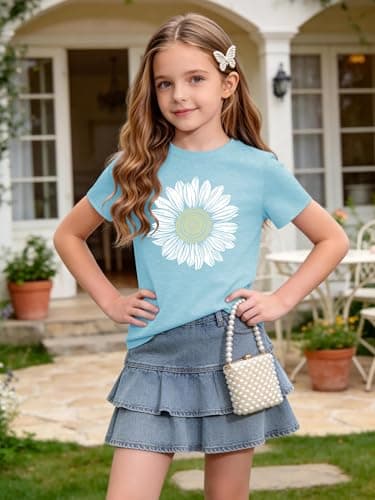 GEMLON Girls Graphic Tees Short Sleeve Cute T-Shirts Crew Neck Trendy Tops Summer Clothes for Girls 12-14 Blue - Thumbnail 2