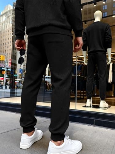 TRFIC Mens Textured Casual Joggers Tapered Cargo Pants with Drawstring Elastic Waist and Pockets for Daily wear Black - Thumbnail 4