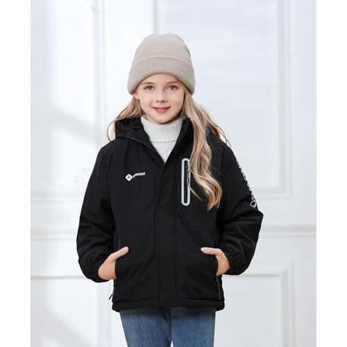 Girls' Waterproof Winter Ski Jacket – Warm Fleece Lined Windproof Snow Coat with Hood for Outdoor Adventure Black 11-12 - Thumbnail 4