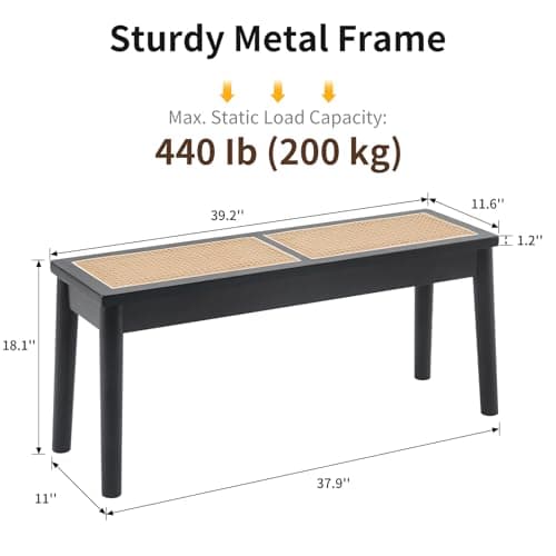 Jimenuco 40" Wooden Dining Bench with Hand Woven Rattan Seat,Solid Wood Bench for Entryway,Living Room,Kitchen and Bedroom（Black，18" H - Thumbnail 2