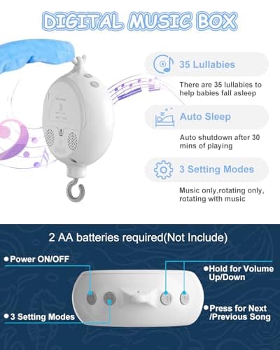 FEISIKE Baby Crib Mobile with 35 Lullabies, 3 Modes Rotation & Music, Adjustable Volume, Nursery Decor for Boys and Girls (Ocean Theme) - Thumbnail 5