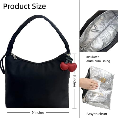 TTCAYU Lunch Bag Women Small Insulated Lunch Box Cute Lunchboxs Lightweight Cooler Bag For Work Picnic Travel (BLACK-lunch bag) - Thumbnail 3