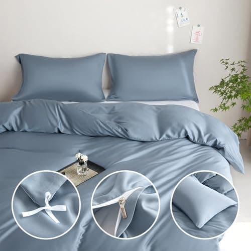 DCSKY King Size Duvet Cover Set 3-Piece - 100% Lyocell Tencel Bedding Set, Silky Smooth & Hypoallergenic, Temperature Regulating for Hot Sleepers (Denim Blue, 104x90 Inches) - Thumbnail 5