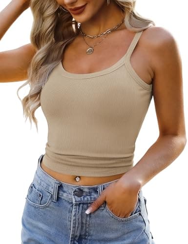 GKBK Scoop Neck Tank Tops for Women Spaghetti Strap Ribbed Women's Tank Top 2026 Summer Cute Shirts Trendy Khaki M - Thumbnail 4