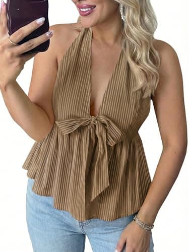 Tankaneo Womens Striped V Neck Halter Tops Babydoll Summer Bow Tie Front Backless Shirts Peplum Y2k Going Out Tank Tops Light Brown - Image 1