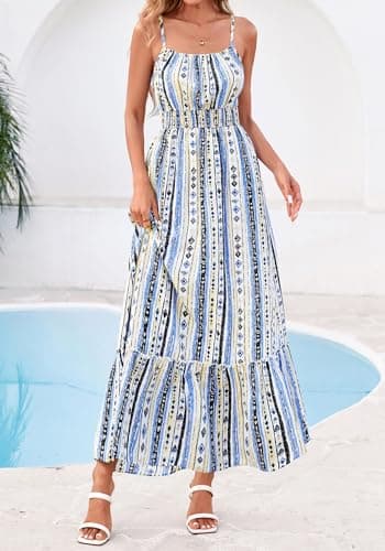 BTFBM Summer Dresses for Women 2026 Sundresses Sleeveless Spaghetti Strap Boho Beach Vacation Outfits Spring Maxi Dress(Print Blue Apricot, XX-Large) - Thumbnail 2