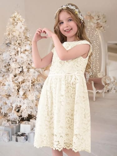 ALLOVIN Girls & Toddlers Sleeveless A-Line Lace Party Dress Birthday Wedding & Flower Girl Dress with Beaded Bowknot | Ivory | 2-3T - Thumbnail 2