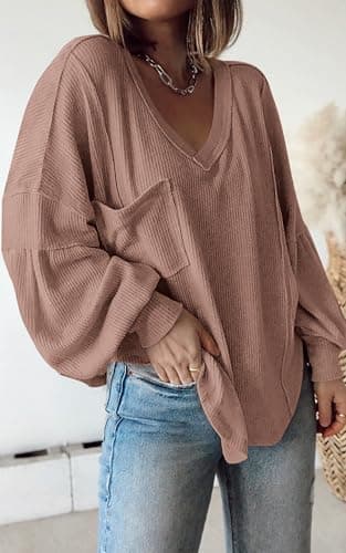 BTFBM Womens Fall Fashion 2026 Long Sleeve Shirts Casual V Neck Ribbed Knit Blouses Pullover Trendy Loose Fit Tunic Tops(Solid Khaki, Medium) - Thumbnail 2