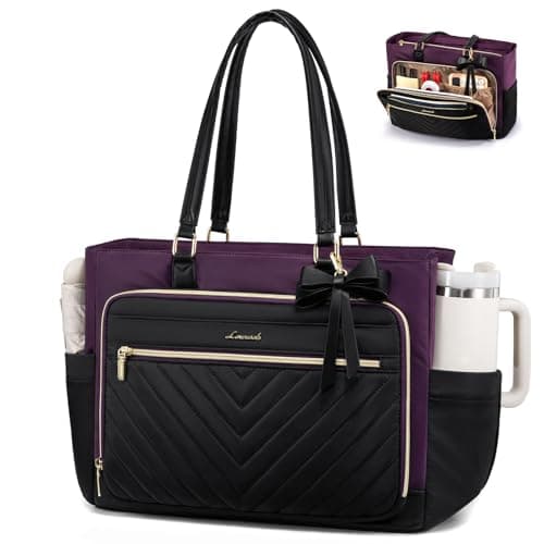 LOVEVOOK Laptop Tote Bag for Women, Work Bag Teacher Tote with Large Cup Holder, Quilted Nurse Diaper Bag for Travel, Computer Women's handbags for Teacher gift, Black-Purple, 17.3 Inch